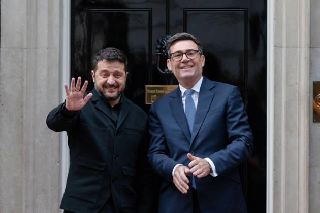 October 14, 2026, London, England, United Kingdom: British Prime Minister Andy BURNHAM welcomes Ukrainian President Volodymyr ZELENSKYY outside 10 Downing Street in London, United Kingdom, ahead of their meeting to discuss support for Ukraine. London United Kingdom  - ZUMAk172 20261014_zip_k172_066 Copyright: xThomasxKrychx