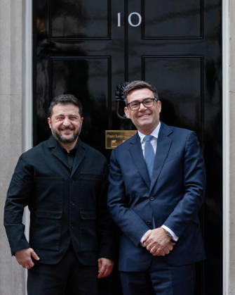 October 14, 2026, London, England, United Kingdom: British Prime Minister Andy BURNHAM welcomes Ukrainian President Volodymyr ZELENSKYY outside 10 Downing Street in London, United Kingdom, ahead of their meeting to discuss support for Ukraine. London United Kingdom  - ZUMAk172 20261014_zip_k172_071 Copyright: xThomasxKrychx
