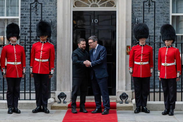 October 14, 2026, London, England, United Kingdom: British Prime Minister Andy BURNHAM welcomes Ukrainian President Volodymyr ZELENSKYY outside 10 Downing Street in London, United Kingdom, ahead of their meeting to discuss support for Ukraine. London United Kingdom  - ZUMAk172 20261014_zip_k172_073 Copyright: xThomasxKrychx