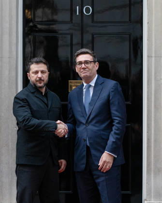 October 14, 2026, London, England, United Kingdom: British Prime Minister Andy BURNHAM shakes hands with Ukrainian President Volodymyr ZELENSKYY outside 10 Downing Street in London, United Kingdom, ahead of talks on the UK s continued support for Ukraine. London United Kingdom  - ZUMAk172 20261014_zip_k172_082 Copyright: xThomasxKrychx