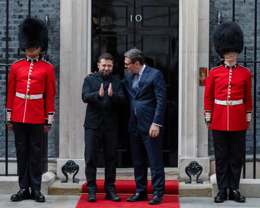 October 14, 2026, London, England, United Kingdom: British Prime Minister Andy BURNHAM welcomes Ukrainian President Volodymyr ZELENSKYY outside 10 Downing Street in London, United Kingdom, ahead of their meeting to discuss support for Ukraine. London United Kingdom - ZUMAk172 20261014_zip_k172_070 Copyright: xThomasxKrychx