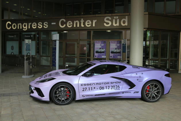 Chevrolet Corvette C8 with Essen Motor Show wrap in front of the Congress Center Süd at Messe Essen, Media event: Carwalk for the Essen Motor Show on October 14, 2026, at Messe Essen in the lead-up to the Essen Motor Show 2026 (November 28, 2026 – December 6, 2026), EMS Preview on November 27, 2026