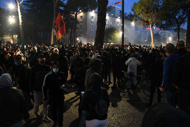 Student protest turns violent outside Education Ministry in Tirana TIRANA, ALBANIA - OCTOBER 14: Demonstrators gather outside Albania s Education Ministry during a protest demanding better university conditions, on October 14, 2026 in Tirana, Albania. Students and other participants threw Molotov cocktails and stones at the ministry building and security forces, while some trash containers were set on fire. Police used water cannon and tear gas to disperse the crowd, and several protesters were injured during the clashes. Olsi Shehu Anadolu Tirana Albania. Editorial use only. Please get in touch for any other usage.  Copyright: x2026xAnadoluxOlsixShehux