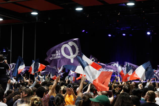 October 14, 2026: This Wednesday, October 14th, at 7:00 PM, La France Insoumise organized a large public meeting at the Salle Olympe de Gouges in support of Jean-Luc MÃ lenchon s presidential candidacy. Louis Boyard, Manon Aubry, Assa TraorÃ , Sophia Chikirou, Daniele Obono, and Sarah Legrain participated. - ZUMAs287 20261014_zip_s287_018 Copyright: xSadakxSouicix