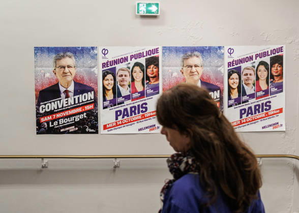 October 14, 2026: This Wednesday, October 14th, at 7:00 PM, La France Insoumise organized a large public meeting at the Salle Olympe de Gouges in support of Jean-Luc MÃ lenchon s presidential candidacy. Louis Boyard, Manon Aubry, Assa TraorÃ , Sophia Chikirou, Daniele Obono, and Sarah Legrain participated. - ZUMAs287 20261014_zip_s287_019 Copyright: xSadakxSouicix