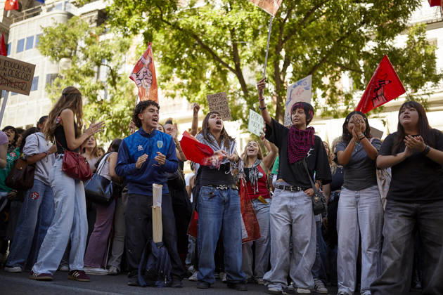 October 14, 2026, Madrid, Madrid, Spain: Students and members of the education community take part in a demonstration in central Madrid during the education strike. The march, which began at Puerta del Sol, continues along Calle de Alcala towards the headquarters of the Regional Ministry of Education of the Community of Madrid and Spain™s Ministry of Education, amid union flags, banners and chants in support of public education. Madrid Spain - ZUMAh171 20261014_zip_h171_061 Copyright: xVictoriaxHerranzx
