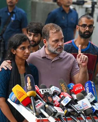 NEW DELHI, INDIA - OCTOBER 14: LoP Lok Sabha Rahul Gandhi with the NSUI protesters who were beaten in yesterday s protest share their experiences during a media interaction at 10 Janpath on October 14, 2026 in New Delhi, India. (Photo by Vipin Kumar Hindustan Times) LoP Rahul Gandhi Address Press Conference On Alleged Use Of Force Against NSUI Workers During Protest