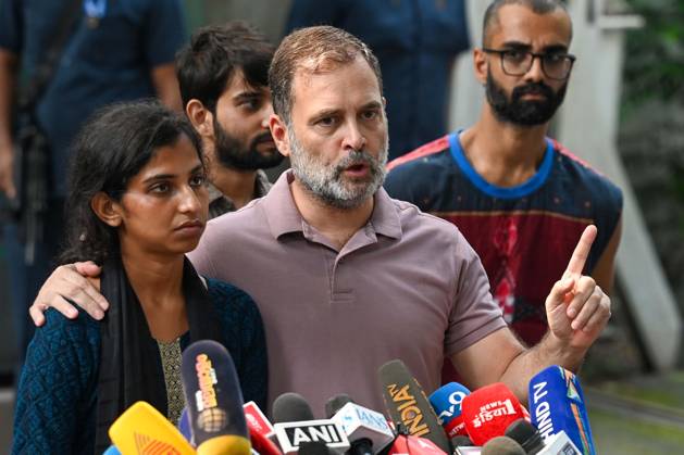 NEW DELHI, INDIA - OCTOBER 14: LoP Lok Sabha Rahul Gandhi with the NSUI protesters who were beaten in yesterday s protest share their experiences during a media interaction at 10 Janpath on October 14, 2026 in New Delhi, India. (Photo by Vipin Kumar Hindustan Times) LoP Rahul Gandhi Address Press Conference On Alleged Use Of Force Against NSUI Workers During Protest