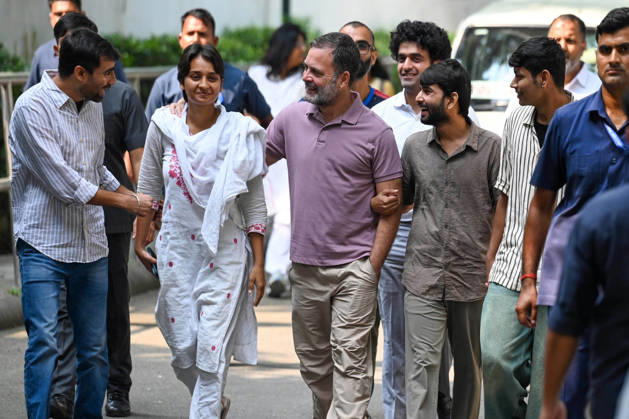NEW DELHI, INDIA - OCTOBER 14: LoP Lok Sabha Rahul Gandhi with the NSUI protesters who were beaten in yesterday s protest share their experiences during a media interaction at 10 Janpath on October 14, 2026 in New Delhi, India. (Photo by Vipin Kumar Hindustan Times) LoP Rahul Gandhi Address Press Conference On Alleged Use Of Force Against NSUI Workers During Protest