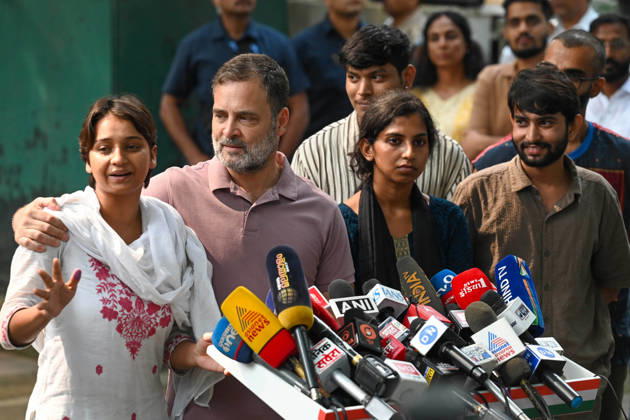 NEW DELHI, INDIA - OCTOBER 14: LoP Lok Sabha Rahul Gandhi with the NSUI protesters who were beaten in yesterday s protest share their experiences during a media interaction at 10 Janpath on October 14, 2026 in New Delhi, India. (Photo by Vipin Kumar Hindustan Times) LoP Rahul Gandhi Address Press Conference On Alleged Use Of Force Against NSUI Workers During Protest