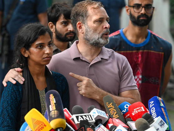 NEW DELHI, INDIA - OCTOBER 14: LoP Lok Sabha Rahul Gandhi with the NSUI protesters who were beaten in yesterday s protest share their experiences during a media interaction at 10 Janpath on October 14, 2026 in New Delhi, India. (Photo by Vipin Kumar Hindustan Times) LoP Rahul Gandhi Address Press Conference On Alleged Use Of Force Against NSUI Workers During Protest