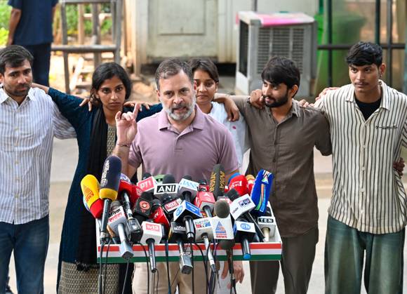 NEW DELHI, INDIA - OCTOBER 14: LoP Lok Sabha Rahul Gandhi with the NSUI protesters who were beaten in yesterday s protest share their experiences during a media interaction at 10 Janpath on October 14, 2026 in New Delhi, India. (Photo by Vipin Kumar Hindustan Times) LoP Rahul Gandhi Address Press Conference On Alleged Use Of Force Against NSUI Workers During Protest