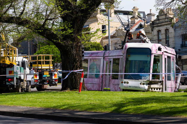 October 15, 2026, Melbourne, Victoria, Australia: A tram is derailed after a collision with a car during the morning peak hour on Victoria Parade in Melbourne, Australia. No Passengers were hurt but services have been disrupted. Melbourne Australia  - ZUMAl303 20261015_aaf_l303_002 Copyright: xSydneyxLowx