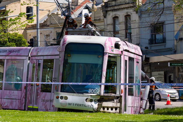 October 15, 2026, Melbourne, Victoria, Australia: A tram is derailed after a collision with a car during the morning peak hour on Victoria Parade in Melbourne, Australia. No Passengers were hurt but services have been disrupted. Melbourne Australia - ZUMAl303 20261015_aaf_l303_007 Copyright: xSydneyxLowx