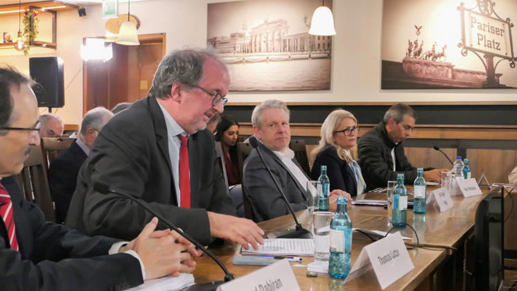 October 14, 2026, Berlin, Germany: Former German Bundestag Member, Thomas Lutze seen reviewing conference notes alongside panel participants including Javad Dabiran, MP Dirk Vöpel and witnesses, Vida Niktalean and Behnam Vafa Seresht. The conference, titled Iran in Crisis: The Democratic Solution and Germany s Responsibility, was organized by the German Solidarity Committee for a Free Iran (DSFI) and the Association of German-Iranians (GDI) at Hopfingerbräu am Brandenburger Tor in Berlin, Germany, on October 14, 2026. The conference brought together German federal lawmakers, former diplomats, and witnesses to discuss human rights, democratic prospects for Iran, and an open letter signed by 80 German dignitaries protesting the Friedrich - ZUMAs197 20261014_aaa_s197_469 Copyright: xSiavoshxHosseinix