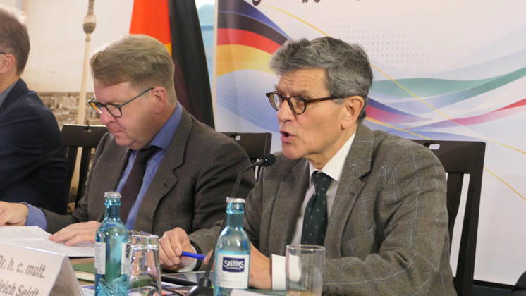 October 14, 2026, Berlin, Germany: Former German Ambassador and former Chief Inspector of the Federal Foreign Office ,Dr. Hans-Ulrich Seidt seen speaking from the panel alongside German Bundestag Legal Affairs Committee Chairman, Carsten Müller. The conference, titled Iran in Crisis: The Democratic Solution and Germany s Responsibility, was organized by the German Solidarity Committee for a Free Iran (DSFI) and the Association of German-Iranians (GDI) at Hopfingerbräu am Brandenburger Tor in Berlin, Germany, on October 14, 2026. The conference brought together German federal lawmakers, former diplomats, and witnesses to discuss human rights, democratic prospects for Iran, and an open letter signed by 80 German dignitaries protesting the - ZUMAs197 20261014_aaa_s197_470 Copyright: xSiavoshxHosseinix