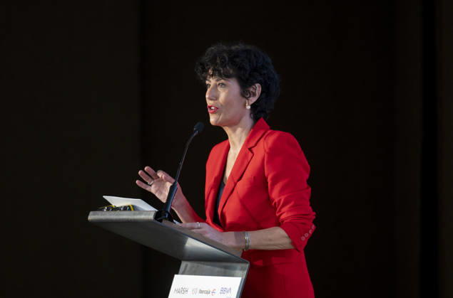 Elma Saiz Opens the 2026 Pensions Forum Elma Saiz, Minister of Inclusion, Social Security, and Migration and government spokesperson, speaks during the opening of the 2026 Pensions Forum, at the COAM headquarters on October 15, 2026, in Madrid, Spain. The forum was organized by APD, BBVA Seguros, Ibercaja, Marsh, Santander Seguros, and VidaCaixa. October 15, 2026, Madrid, Spain Copyright: xAlbertoxOrtegax 7846811