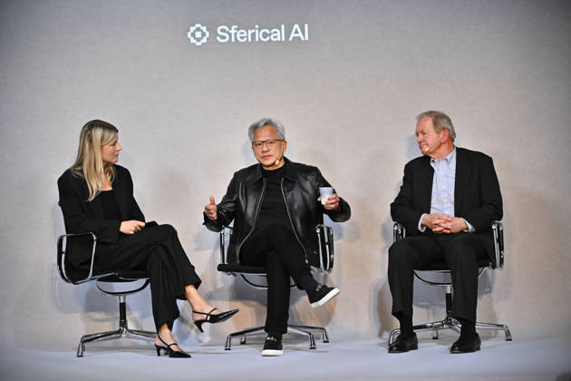 STOCKHOLM, SWEDEN 20261015 Jenny Nordlöw, CEO of Sferical AI, Jensen Huang, CEO of Nvidia, and Marcus Wallenberg during the Sferical One event organized by Nvidia at Eric Ericsonhallen on Thursday, STOCKHOLM, SWEDEN x10040x  Copyright: xAndersxWiklund TTx SFERICAL ONE NVIDIA t7OKabafh3M