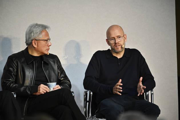 STOCKHOLM, SWEDEN 20261015 Jensen Huang, CEO of Nvidia, and Daniel Ek, founder of Spotify, at the Sferical One event organized by Nvidia at Eric Ericsonhallen on Thursday STOCKHOLM, SWEDEN x10040x  Copyright: xAndersxWiklund TTx SFERICAL ONE NVIDIA AlHb1b0zhUo