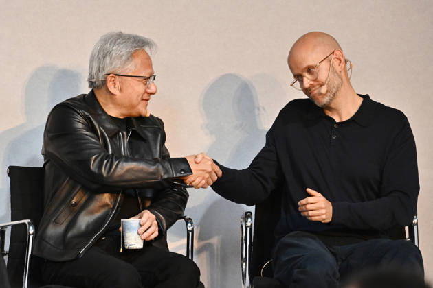 Jensen Huang, CEO of Nvidia, and Daniel Ek, founder of Spotify, during the Sferical One event at Eric Ericsonhallen in Stockholm, Sweden, on October 15, 2026 STOCKHOLM SWEDEN x10040x  Copyright: xAndersxWiklund TTx SFERICAL ONE NVIDIA YFjaEIo69ko