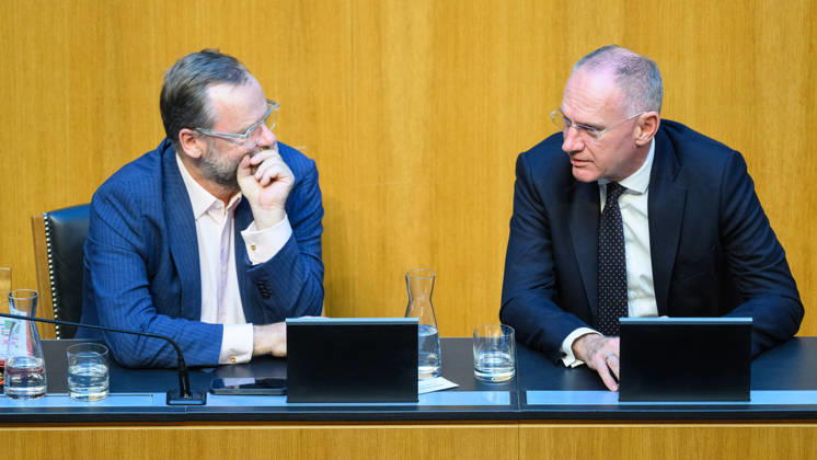 Vienna, October 15, 2026—103rd Session of the National Council: Urgent inquiry by the FPÖ combined with a motion of no confidence against the entire government. PHOTO: Sepp Schellhorn, NEOS, State Secretary for Deregulation, and Gerhard Karner, ÖVP, Minister of the Interior. 103rd Session of the National Council (Nationalrat), National Council sessi