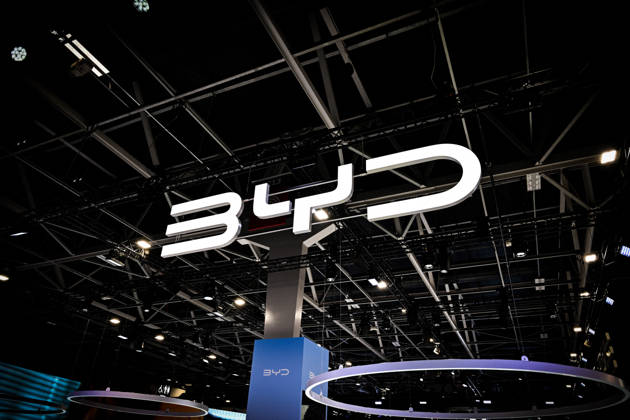 Paris Motor Show 2026 BYD automobile logo, Chinese automaker at the International Motor Show 2026 in Paris Porte de Versailles on October 15,2026. Photo by Tomas Stevens ABACAPRESS.COM Paris France Copyright: xStevensxTomas ABACAx