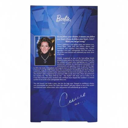 Céline Dion gets her own Barbie doll based on her 1998 Oscars look Céline Dion gets her own Barbie doll based on her 1998 Oscars look., , Toymaker Mattel has announced the legendary Canadian singer is being honored with a Barbie Signature doll., , Céline’s doll wears a long-sleeve navy-blue gown and a necklace inspired by the blue heart-shaped diamond necklace, capturing her look as My Heart Will Go On from movie blockbuster Titanic won Best Original Song at the 1998 Academy Awards., , Céline said: It is a true honor to join the Barbie legacy with a doll inspired by one of the most meaningful moments of my career., , I hope this doll inspires everyone to express themselves with confidence, follow their dreams and believe in the power of Copyright: xThexMegaxAgencyxMattelxInc Megax