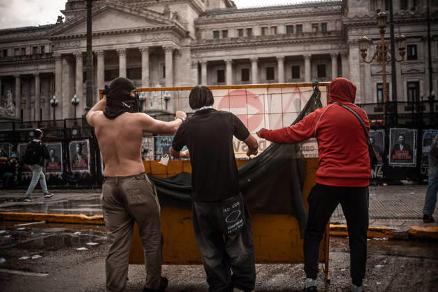 October 15, 2026, Buenos Aires, Buenos Aires, Argentina: Police forces deploy tear gas, water cannon trucks and rubber bullets against demonstrators during the Fifth Federal University March near Congress, as protesters demand the implementation of the University Funding Law and oppose President Javier Milei™s austerity policies. The protest takes place amid the government™s broader deregulation agenda, including Decree 70 2023 Buenos Aires Argentina - ZUMAf175 20261015_zip_f175_006 Copyright: xDaniellaxFernandezxRealinx