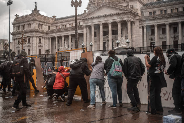 October 15, 2026, Buenos Aires, Buenos Aires, Argentina: Police forces deploy tear gas, water cannon trucks and rubber bullets against demonstrators during the Fifth Federal University March near Congress, as protesters demand the implementation of the University Funding Law and oppose President Javier Milei™s austerity policies. The protest takes place amid the government™s broader deregulation agenda, including Decree 70 2023 Buenos Aires Argentina - ZUMAf175 20261015_zip_f175_012 Copyright: xDaniellaxFernandezxRealinx