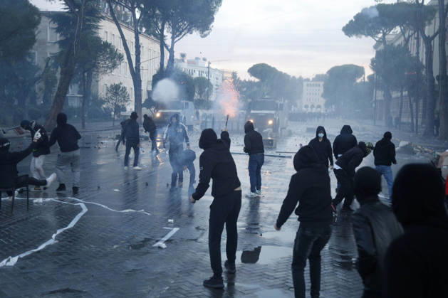 Protesters Clash with Police During a Demonstration in Tirana, Albania. Protesters clash with riot police during an anti-government demonstration in central Tirana on October 15, 2026, as protests continued for a third consecutive day over university conditions and demands for the resignation of Albanian Prime Minister Edi Rama. The latest rally follows two nights of violence in the capital, during which protesters and riot police clashed, police used water cannons and tear gas, and demonstrators damaged government offices and shops and set fire to several buildings. Light Studio Agency Malton Dibra Tirana Albania Copyright: xLightxStudioxAgencyx xMaltonxDibrax