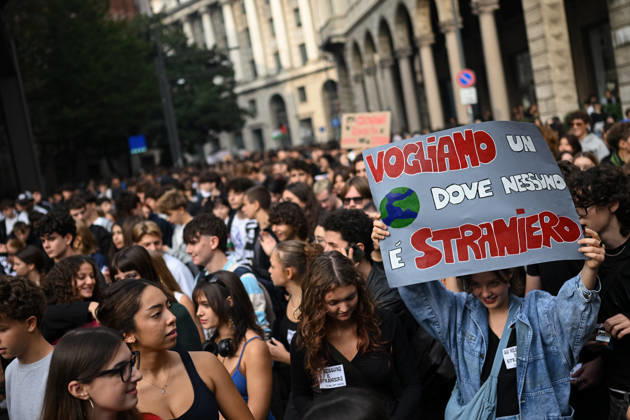 Nationwide school strike in Milan MILAN, ITALY - OCTOBER 16: Students hold placards during a nationwide school strike in Milan, Italy, on October 16, 2026. Protesters oppose the government s education policies and measures they consider discriminatory towards students of foreign origin, also highlighting demands for higher wages and an end to precarious employment in schools. Piero Cruciatti Anadolu Milan Italy. Editorial use only. Please get in touch for any other usage.  Copyright: x2026xAnadoluxPieroxCruciattix