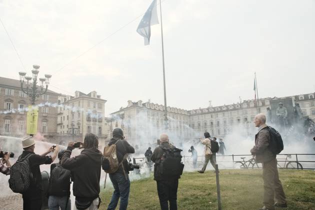 October 16, 2026, Turin, Italy: TURIN, ITALY, OCTOBER 16, 2026: Students demonstrate against deteriorating school buildings, insufficient education funding and job insecurity, calling for greater investment in education rather than military spending. Clashes break out in Piazza Castello, where police use water cannons and charge demonstrators. Earlier along the route, teachers link arms between students and police to prevent confrontation. Turin Italy - ZUMAq101 20261016_zna_q101_134 Copyright: xJulianxNelajx