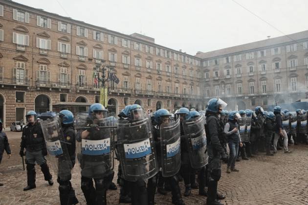 October 16, 2026, Turin, Italy: TURIN, ITALY, OCTOBER 16, 2026: Students demonstrate against deteriorating school buildings, insufficient education funding and job insecurity, calling for greater investment in education rather than military spending. Clashes break out in Piazza Castello, where police use water cannons and charge demonstrators. Earlier along the route, teachers link arms between students and police to prevent confrontation. Turin Italy - ZUMAq101 20261016_zna_q101_137 Copyright: xJulianxNelajx