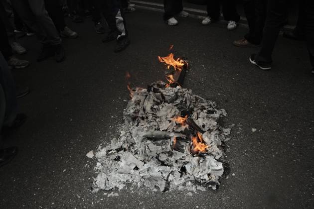 October 16, 2026, Turin, Italy: TURIN, ITALY, OCTOBER 16, 2026: Students demonstrate against deteriorating school buildings, insufficient education funding and job insecurity, calling for greater investment in education rather than military spending. Clashes break out in Piazza Castello, where police use water cannons and charge demonstrators. Earlier along the route, teachers link arms between students and police to prevent confrontation. Turin Italy - ZUMAq101 20261016_zna_q101_145 Copyright: xJulianxNelajx