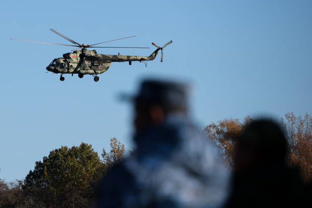 BELARUS - OCTOBER 16, 2026: A helicopter appears in the final live training phase of the Indestructible Brotherhood 2026 command-and-staff military exercise by the CSTO Peacekeeping Forces at the Losvido military training ground Belarus  - ZUMAt113 20261016_zaa_t113_221 Copyright: xMaximxMalinovskyx