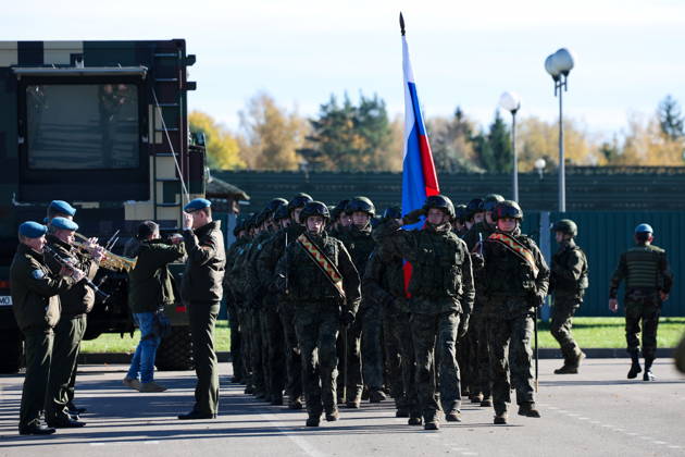 BELARUS - OCTOBER 16, 2026: Servicemen parade in the final live training phase of the Indestructible Brotherhood 2026 command-and-staff military exercise by the CSTO Peacekeeping Forces at the Losvido military training ground Belarus  - ZUMAt113 20261016_zaa_t113_295 Copyright: xMaximxMalinovskyx