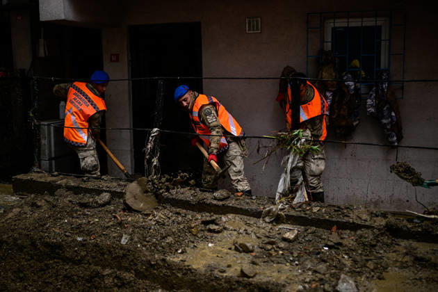 Gendarmerie teams support flood cleanup efforts in Istanbul ISTANBUL, TURKIYE - OCTOBER 16: Gendarmerie teams clear mud and debris from a flood-affected area in Sariyer as cleanup and repair efforts continue, on October 16, 2026 in Istanbul, Turkiye. The teams joined post-flood operations to help restore affected streets and support recovery work. Cem Tekkesinoglu Anadolu Istanbul Turkey. Editorial use only. Please get in touch for any other usage.  Copyright: x2026xAnadoluxCemxTekkesinoglux