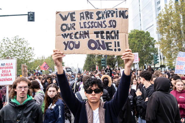 October 16, 2026, Turin, Piedmont, Italy: After days of occupations at many high schools across the city, following the French model, on Friday, October 16, in Turin, thousands of students took to the streets to protest the lack of resources in the school system and the inadequate condition of school buildings. The protesters marched through the city, stopping in front of Porta Susa, where teachers formed a human chain to separate them from the police. Lastly, in Piazza Castello, the police used water cannons and tear gas to disperse the demonstration, which had arrived outside the police headquarters. Turin Italy - ZUMAs377 20261016_znp_s377_029 Copyright: xPietroxStariccox
