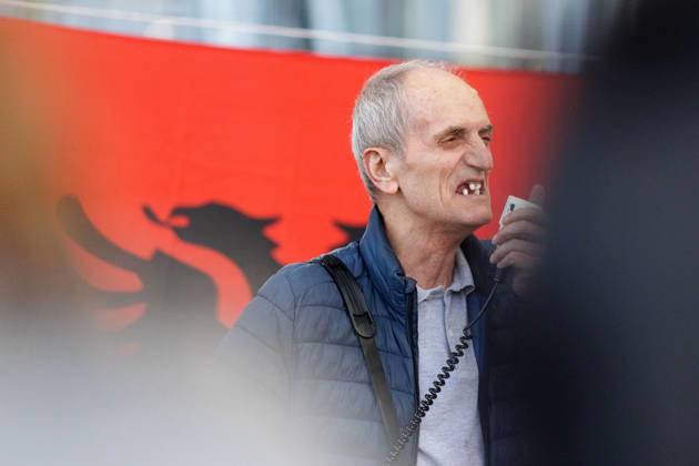 Solidarity Protest for Albania held in Berlin. A protester speaks in front of the Albanian flag as people gather opposite the Albanian embassy during a protest organized by ˜Flamingos von Berlin™ in Berlin, Germany, 16 October 2026. The organizers called for solidarity with students in Albania and denounced corruption, demanding the resignation of Edi Rama. Berlin