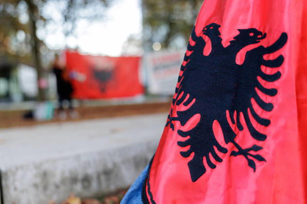Solidarity Protest for Albania held in Berlin. A part of an Albanian dress with the Albanian eagle as people gather opposite the Albanian embassy during a protest organized by ˜Flamingos von Berlin™ in Berlin, Germany, 16 October 2026. The organizers called for solidarity with students in Albania and denounced corruption, demanding the resignation of Edi Rama. Berlin