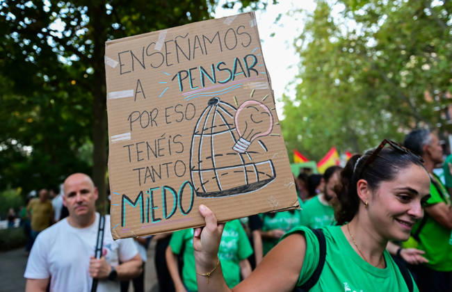 October 16, 2026, Madrid, Madrid, Spain: Teachers, students and members of the education community take part in a demonstration in Madrid, Spain, October 16, 2026, during an indefinite strike in the region s public education sector. Protesters are demanding higher salaries, smaller class sizes, reduced teaching hours and increased resources for public schools. The demonstration is held between Atocha and Puerta del Sol. Madrid Spain - ZUMAz108 20261016_znp_z108_003 Copyright: xRichardxZubelzux