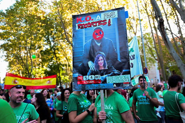 October 16, 2026, Madrid, Madrid, Spain: Teachers, students and members of the education community take part in a demonstration in Madrid, Spain, October 16, 2026, during an indefinite strike in the region s public education sector. Protesters are demanding higher salaries, smaller class sizes, reduced teaching hours and increased resources for public schools. The demonstration is held between Atocha and Puerta del Sol. Madrid Spain - ZUMAz108 20261016_znp_z108_016 Copyright: xRichardxZubelzux