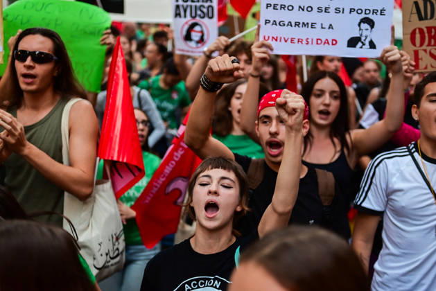 October 16, 2026, Madrid, Madrid, Spain: Teachers, students and members of the education community take part in a demonstration in Madrid, Spain, October 16, 2026, during an indefinite strike in the region s public education sector. Protesters are demanding higher salaries, smaller class sizes, reduced teaching hours and increased resources for public schools. The demonstration is held between Atocha and Puerta del Sol. Madrid Spain - ZUMAz108 20261016_znp_z108_014 Copyright: xRichardxZubelzux