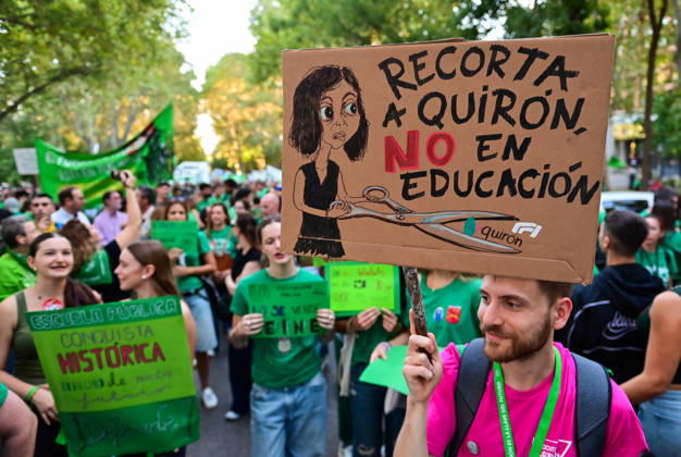 October 16, 2026, Madrid, Madrid, Spain: Teachers, students and members of the education community take part in a demonstration in Madrid, Spain, October 16, 2026, during an indefinite strike in the region s public education sector. Protesters are demanding higher salaries, smaller class sizes, reduced teaching hours and increased resources for public schools. The demonstration is held between Atocha and Puerta del Sol. Madrid Spain - ZUMAz108 20261016_znp_z108_025 Copyright: xRichardxZubelzux