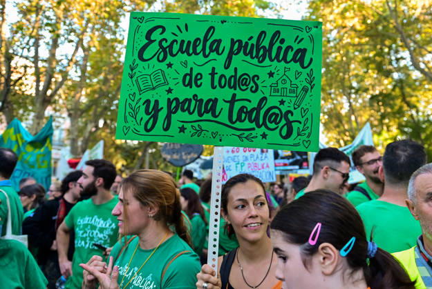 October 16, 2026, Madrid, Madrid, Spain: Teachers, students and members of the education community take part in a demonstration in Madrid, Spain, October 16, 2026, during an indefinite strike in the region s public education sector. Protesters are demanding higher salaries, smaller class sizes, reduced teaching hours and increased resources for public schools. The demonstration is held between Atocha and Puerta del Sol. Madrid Spain - ZUMAz108 20261016_znp_z108_031 Copyright: xRichardxZubelzux