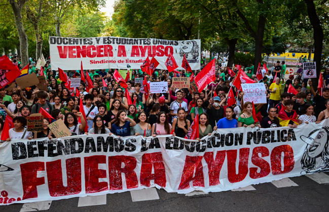October 16, 2026, Madrid, Madrid, Spain: Teachers, students and members of the education community take part in a demonstration in Madrid, Spain, October 16, 2026, during an indefinite strike in the region s public education sector. Protesters are demanding higher salaries, smaller class sizes, reduced teaching hours and increased resources for public schools. The demonstration is held between Atocha and Puerta del Sol. Madrid Spain - ZUMAz108 20261016_znp_z108_024 Copyright: xRichardxZubelzux