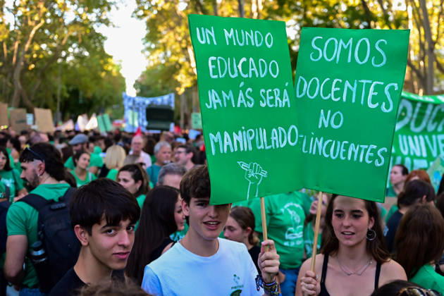 October 16, 2026, Madrid, Madrid, Spain: Teachers, students and members of the education community take part in a demonstration in Madrid, Spain, October 16, 2026, during an indefinite strike in the region s public education sector. Protesters are demanding higher salaries, smaller class sizes, reduced teaching hours and increased resources for public schools. The demonstration is held between Atocha and Puerta del Sol. Madrid Spain - ZUMAz108 20261016_znp_z108_027 Copyright: xRichardxZubelzux