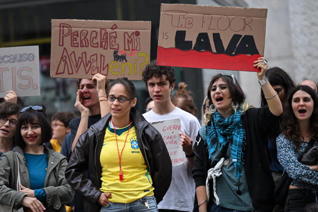 Fridays for Future climate strike in Milan, Italy MILAN, ITALY - OCTOBER 16: Climate activists from Fridays for Future hold placards during a nationwide climate strike in Milan, Italy, on October 16, 2026. Demonstrations are taking place in more than 25 Italian cities, with protesters demanding stronger government action against climate change, faster progress towards renewable energy and greater climate justice. Piero Cruciatti Anadolu Milan Italy. Editorial use only. Please get in touch for any other usage.  Copyright: x2026xAnadoluxPieroxCruciattix
