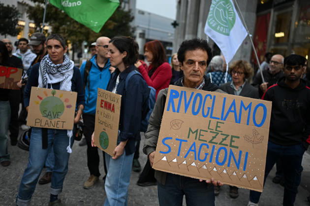 Fridays for Future climate strike in Milan, Italy MILAN, ITALY - OCTOBER 16: Climate activists from Fridays for Future hold placards during a nationwide climate strike in Milan, Italy, on October 16, 2026. Demonstrations are taking place in more than 25 Italian cities, with protesters demanding stronger government action against climate change, faster progress towards renewable energy and greater climate justice. Piero Cruciatti Anadolu Milan Italy. Editorial use only. Please get in touch for any other usage.  Copyright: x2026xAnadoluxPieroxCruciattix