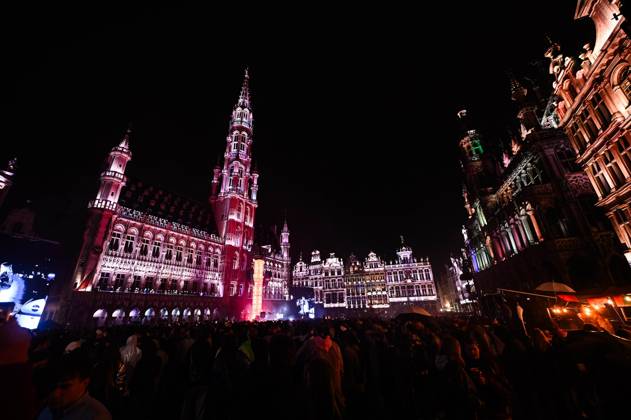Grand place pictured during the Angele Instinct Release Party , a surprise party organized by the Brussels singer to celebrate the release of her album Instinct at the Grote Markt Grand Place, in Brussels, Friday 16 October 2026.  EMILExWINDAL 190036429